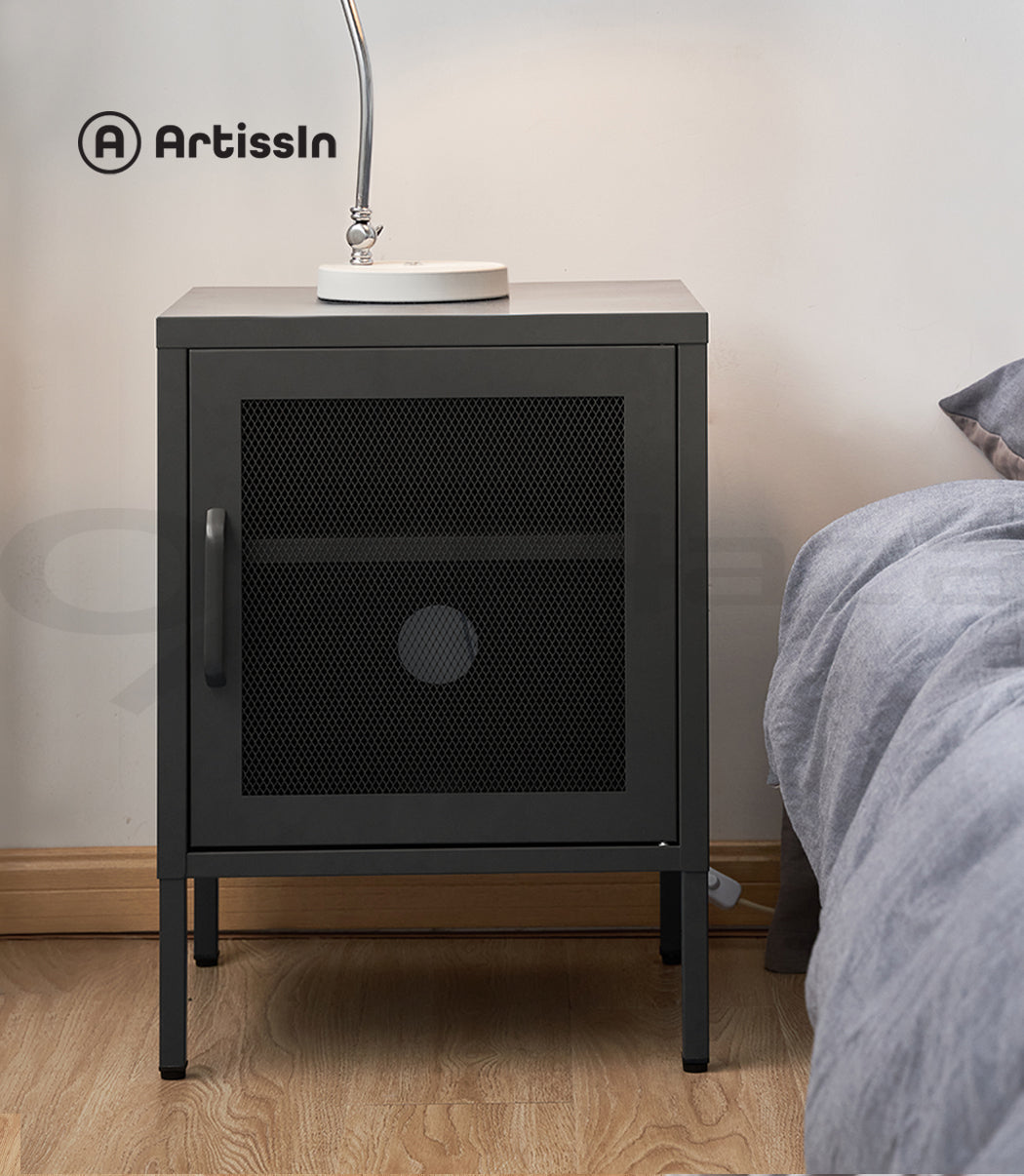 ArtissIn Bedside Table Mesh Door Cabinet - MINI Black