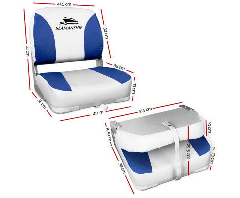 Seamanship 2X Folding Boat Seats Marine Swivel Low Back 13cm Padding White Blue