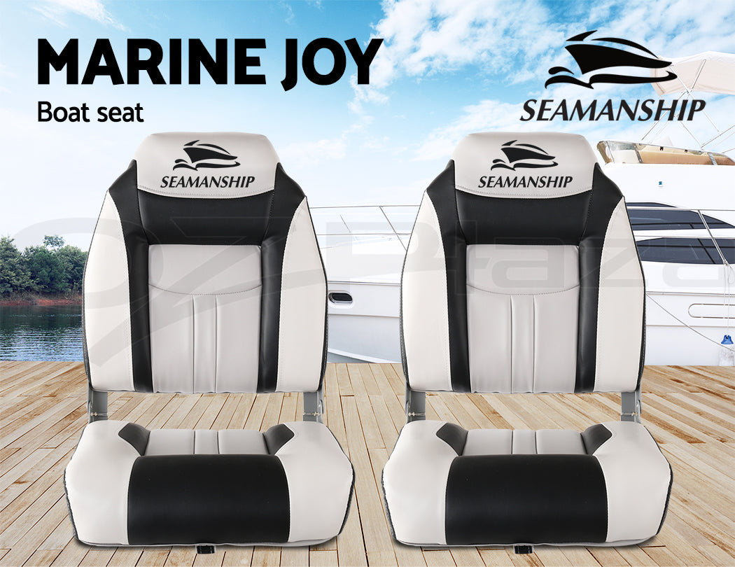 Seamanship 2X Folding Boat Seats Marine Seat Swivel High Back 12cm Padding Grey