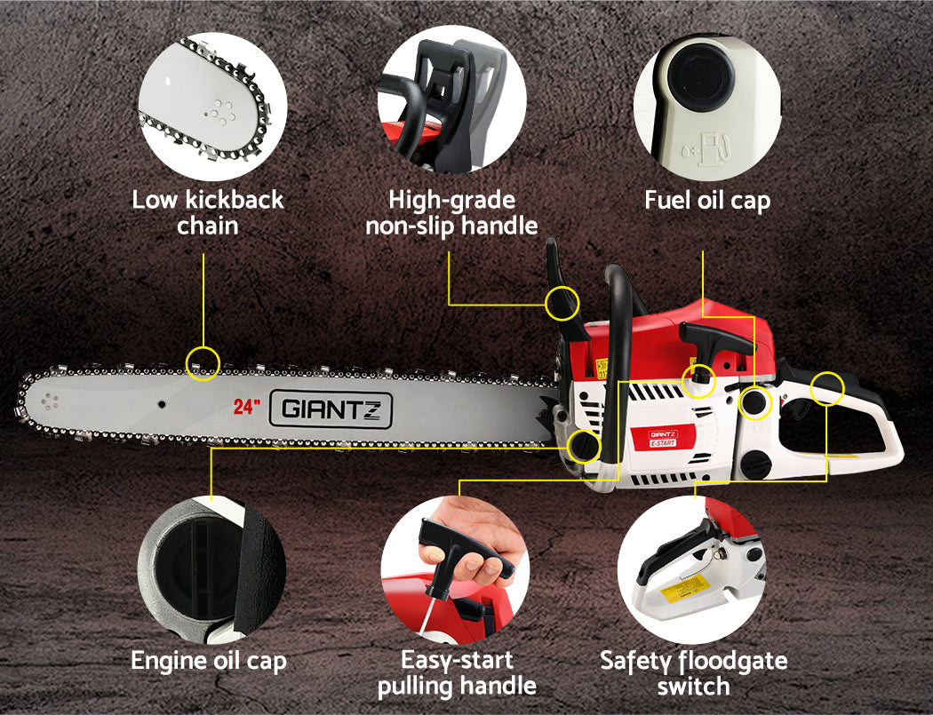 Giantz Chainsaw Petrol 62CC 24" Bar Commercial E-Start Pruning Chain Saw,Giantz Chainsaw Petrol 62CC 24" Bar Commercial E-Start Pruning Chain Saw 5.2HP