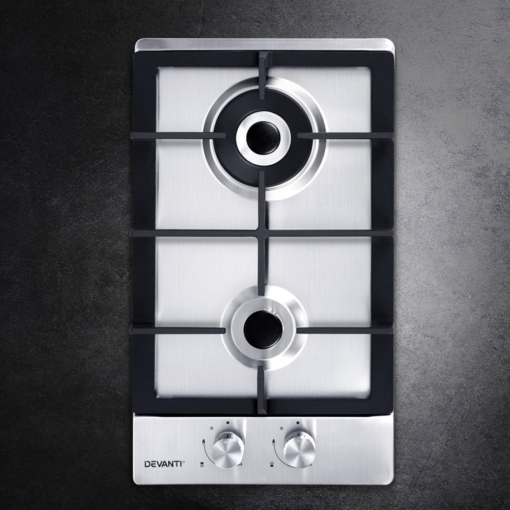 Devanti Gas Cooktop 30cm 2 Burner Silver