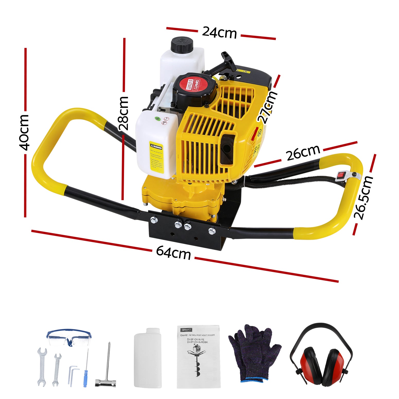 Giantz 74CC Post Hole Digger Motor Only Petrol Engine Yellow