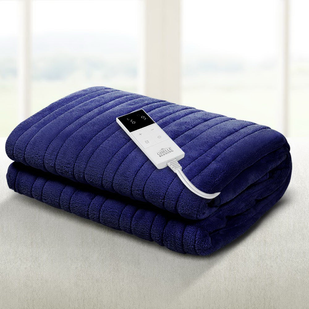 Giselle Electric Throw Rug Blanket Heated Washable Fleece Winter Warming Sofa Navy