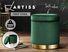 Artiss Storage Ottoman Foot Stool Round Velvet Foot Rest Pouffe Footstool Green