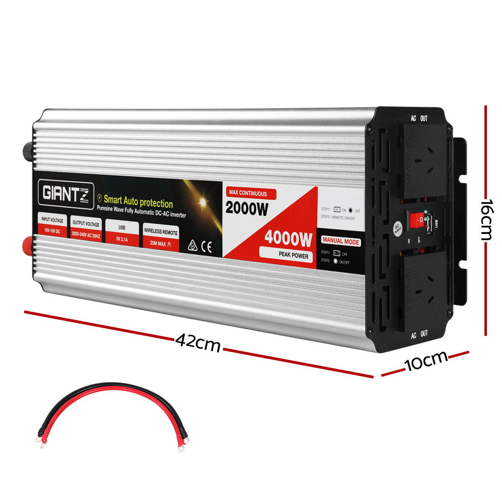 Giantz 2000W/4000W Pure Sine Wave Power Inverter 12V to 240V Camping Car Boat