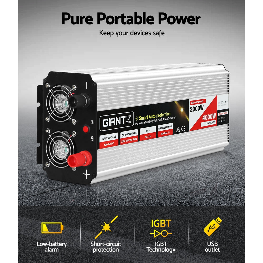 Giantz 2000W/4000W Pure Sine Wave Power Inverter 12V to 240V Camping Car Boat