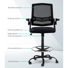 Artiss Office Chair Veer Drafting Stool Mesh Chairs Flip Up Armrest Black