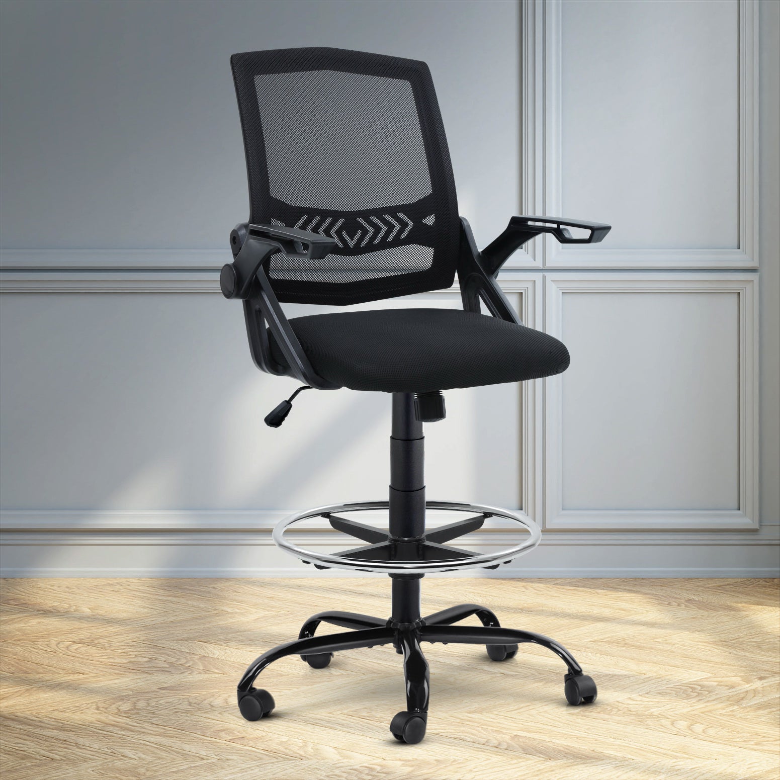 Artiss Office Chair Veer Drafting Stool Mesh Chairs Flip Up Armrest Black