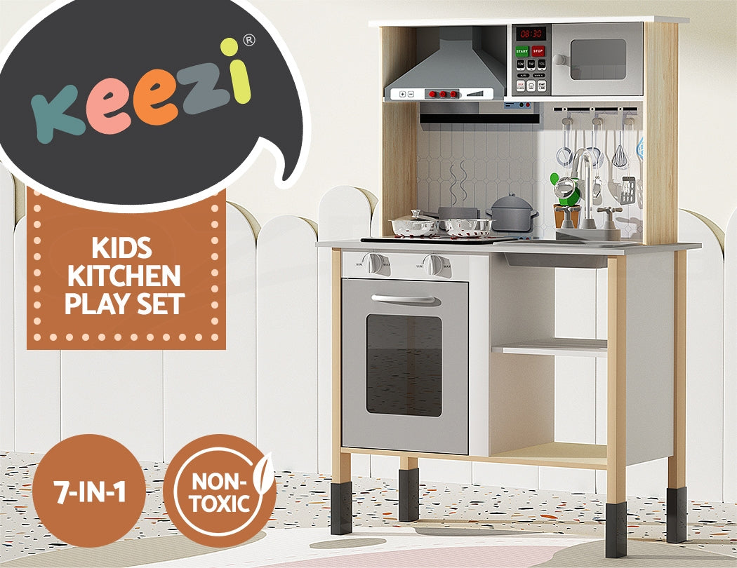 Keezi Kids Kitchen Play Set Wooden Pretend Toys Cooking Children Cookware Sink