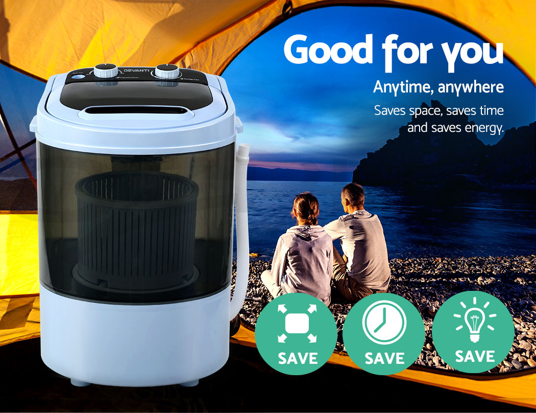 Devanti 3kg Mini Portable Washing Machine, Shoes Wash, Top Load Spin Camp Caravan