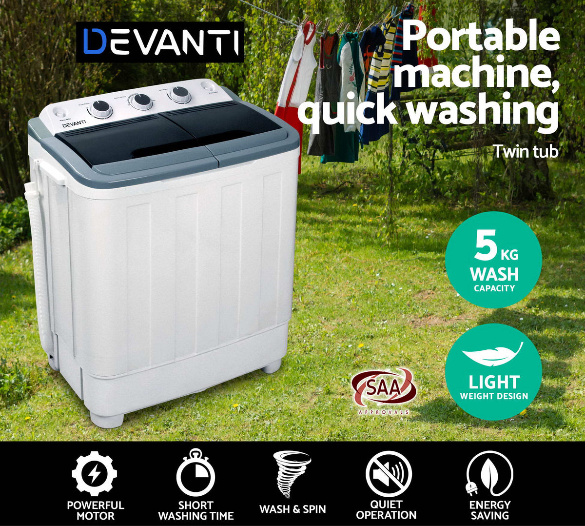 Devanti Portable Washing Machine Twin Tub 5KG White