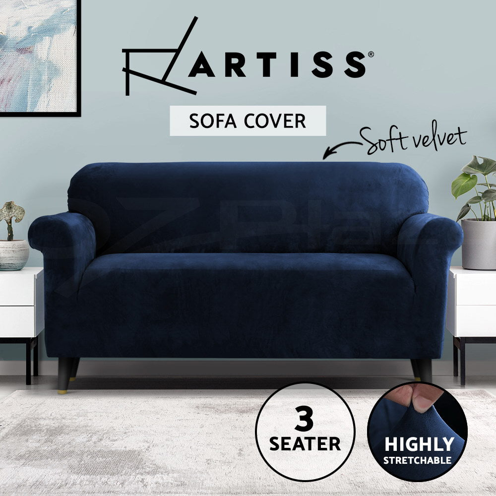 Artiss Velvet Sofa Cover Plush Couch Cover Lounge Slipcover 3 Seater Sapphire