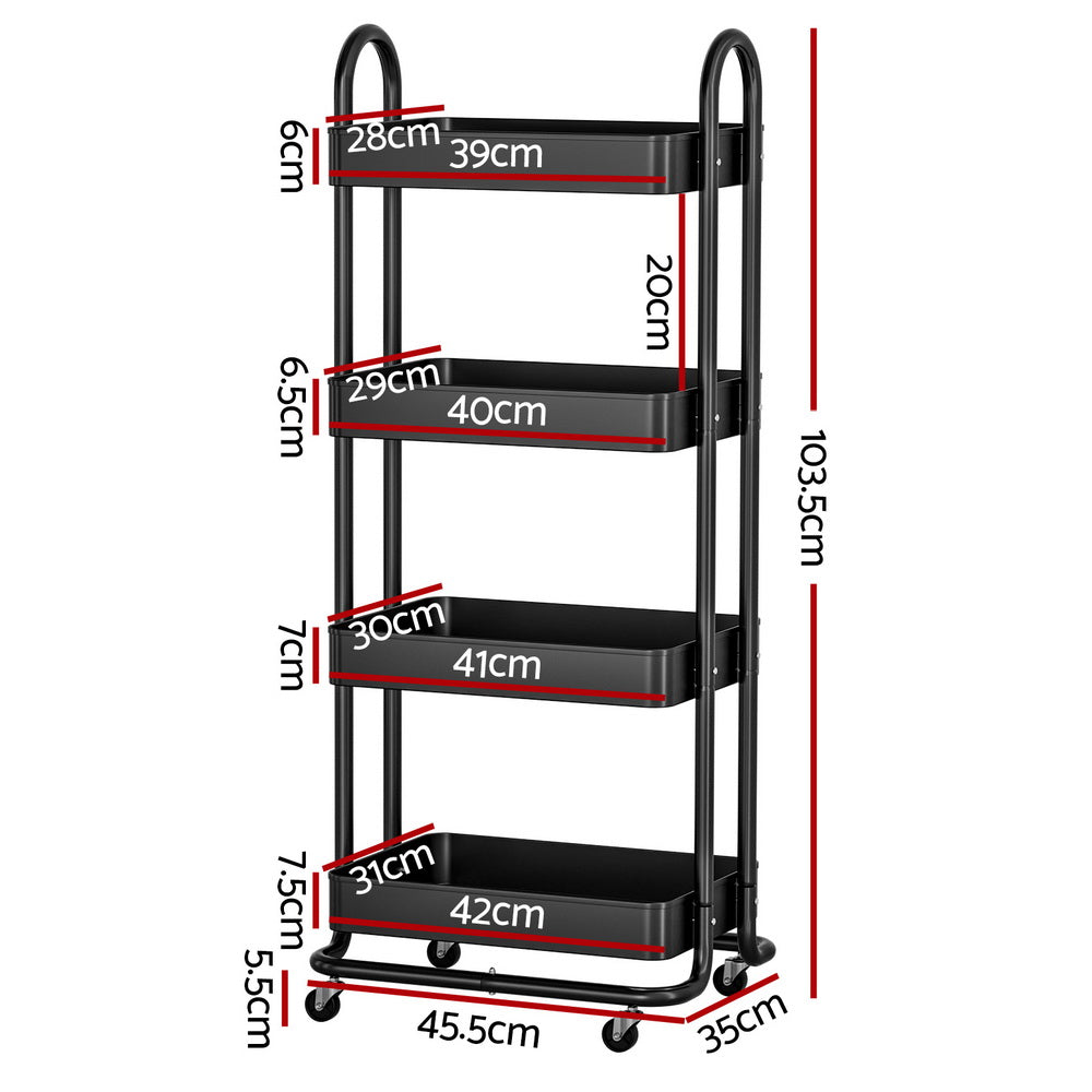 Artiss Storage Trolley Kitchen Cart 4 Tiers Black