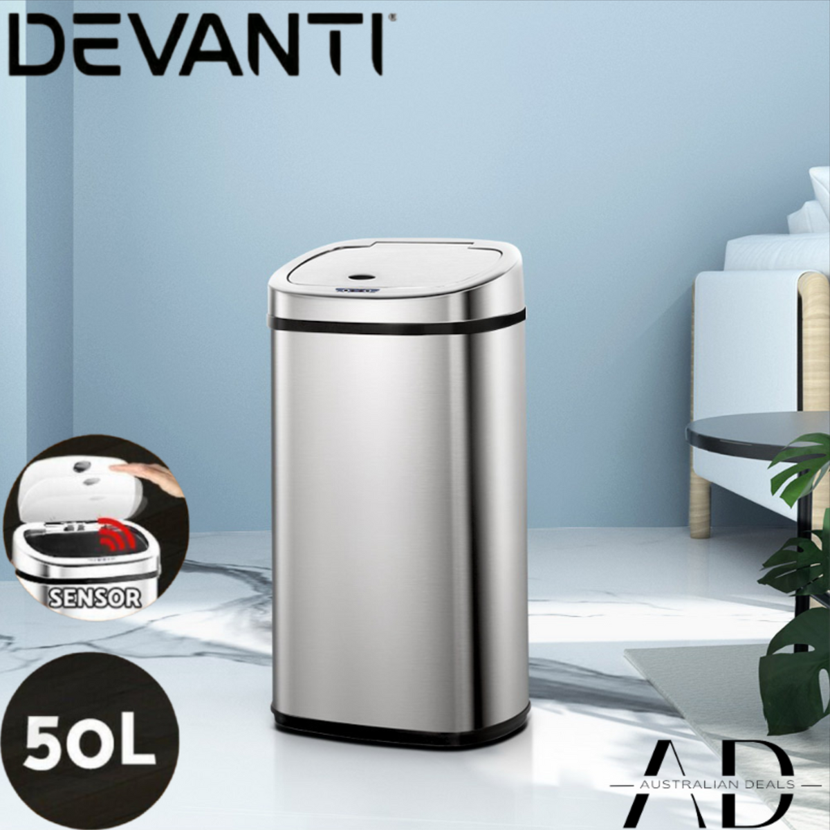 Devanti 50L Motion Sensor Bin Rubbish Automatic Silver