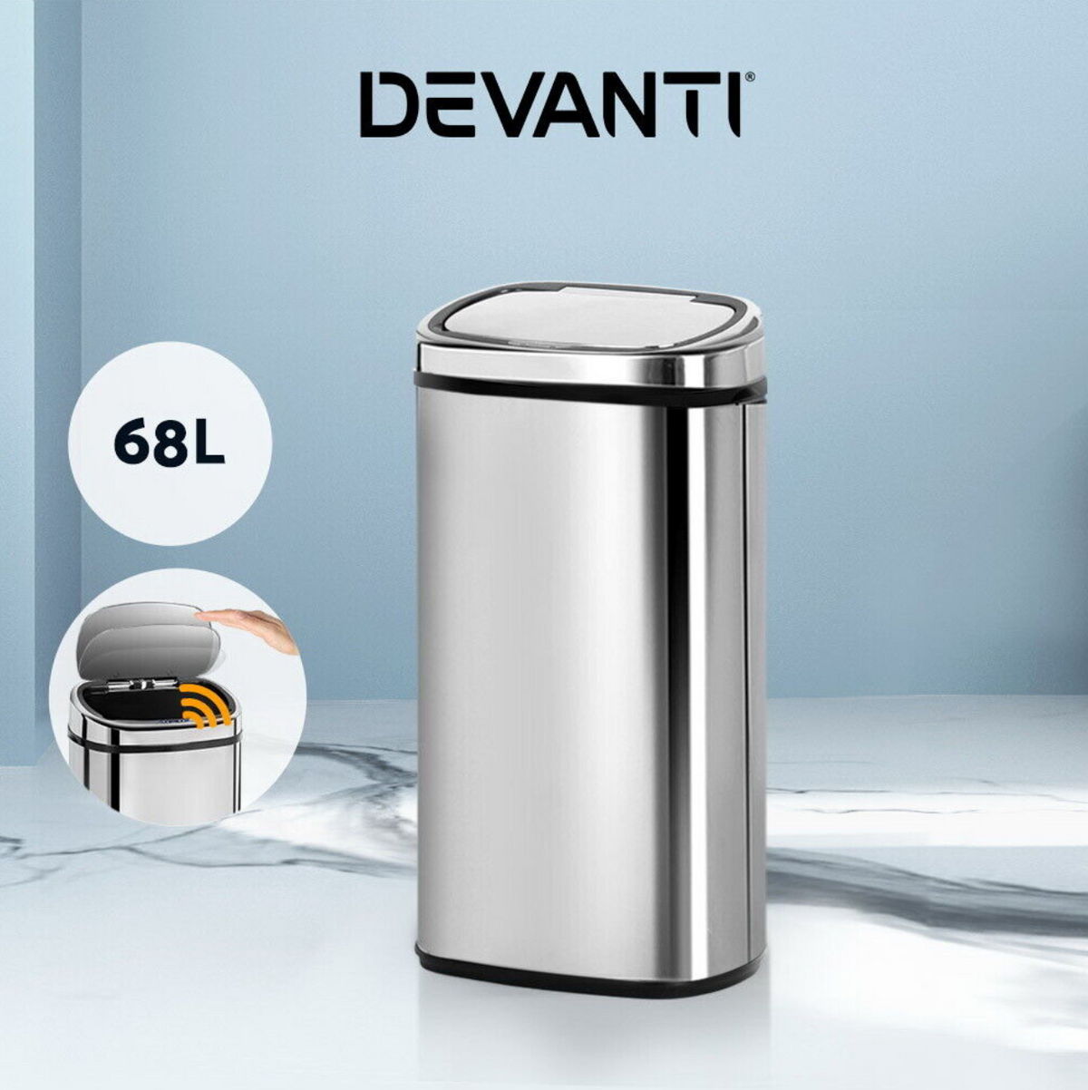 Devanti 68L Motion Sensor Bin Rubbish Automatic Silver