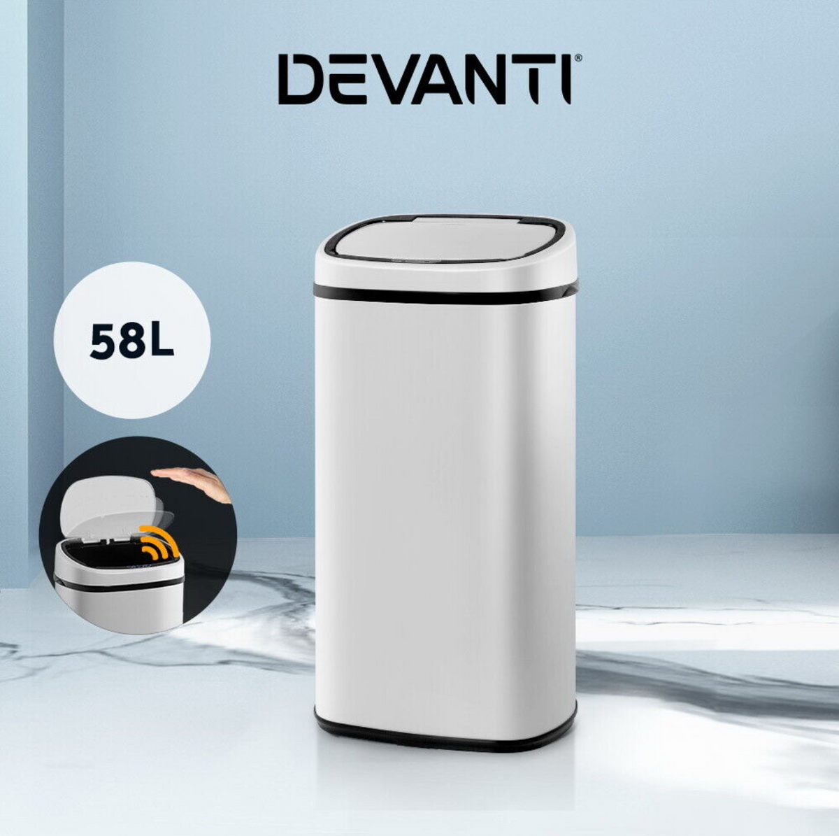 Devanti 58L Motion Sensor Bin Rubbish Automatic White