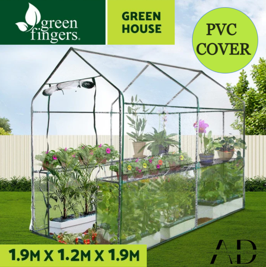 Greenfingers Greenhouse 1.2x1.9x1.9M Walk in Green House Tunnel Clear Garden Shed 4 Shelves