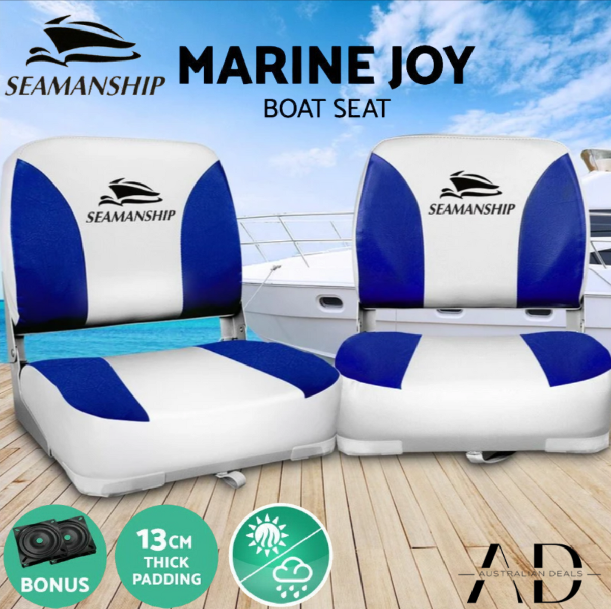 Seamanship 2X Folding Boat Seats Marine Swivel Low Back 13cm Padding White Blue