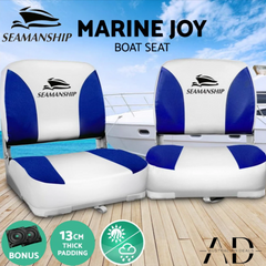 Seamanship 2X Folding Boat Seats Marine Swivel Low Back 13cm Padding White Blue