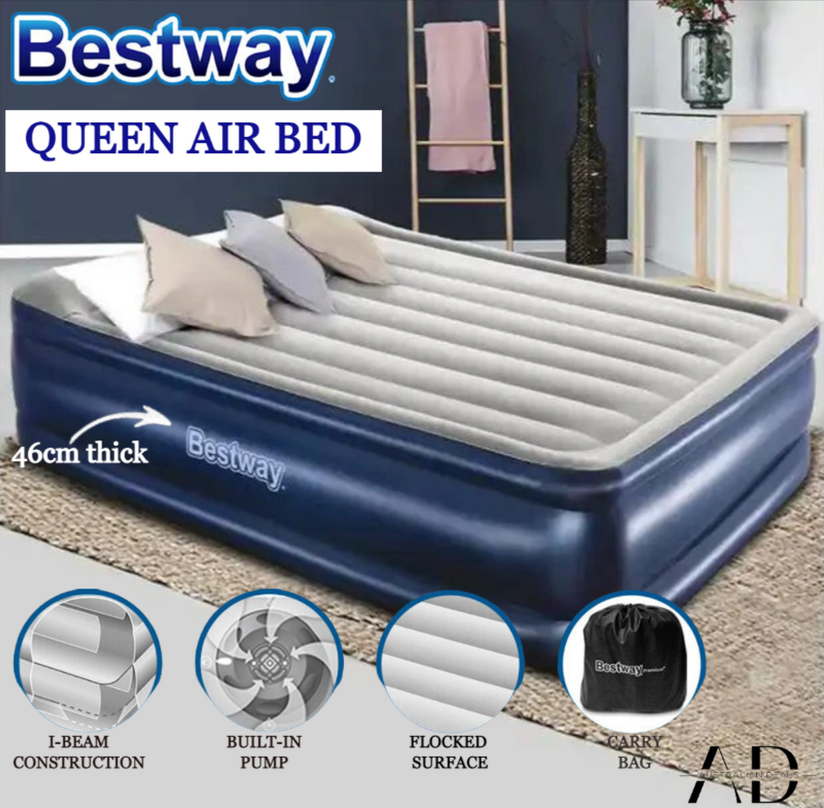 Bestway Air Mattress Queen Inflatable Bed 46cm Airbed Blue