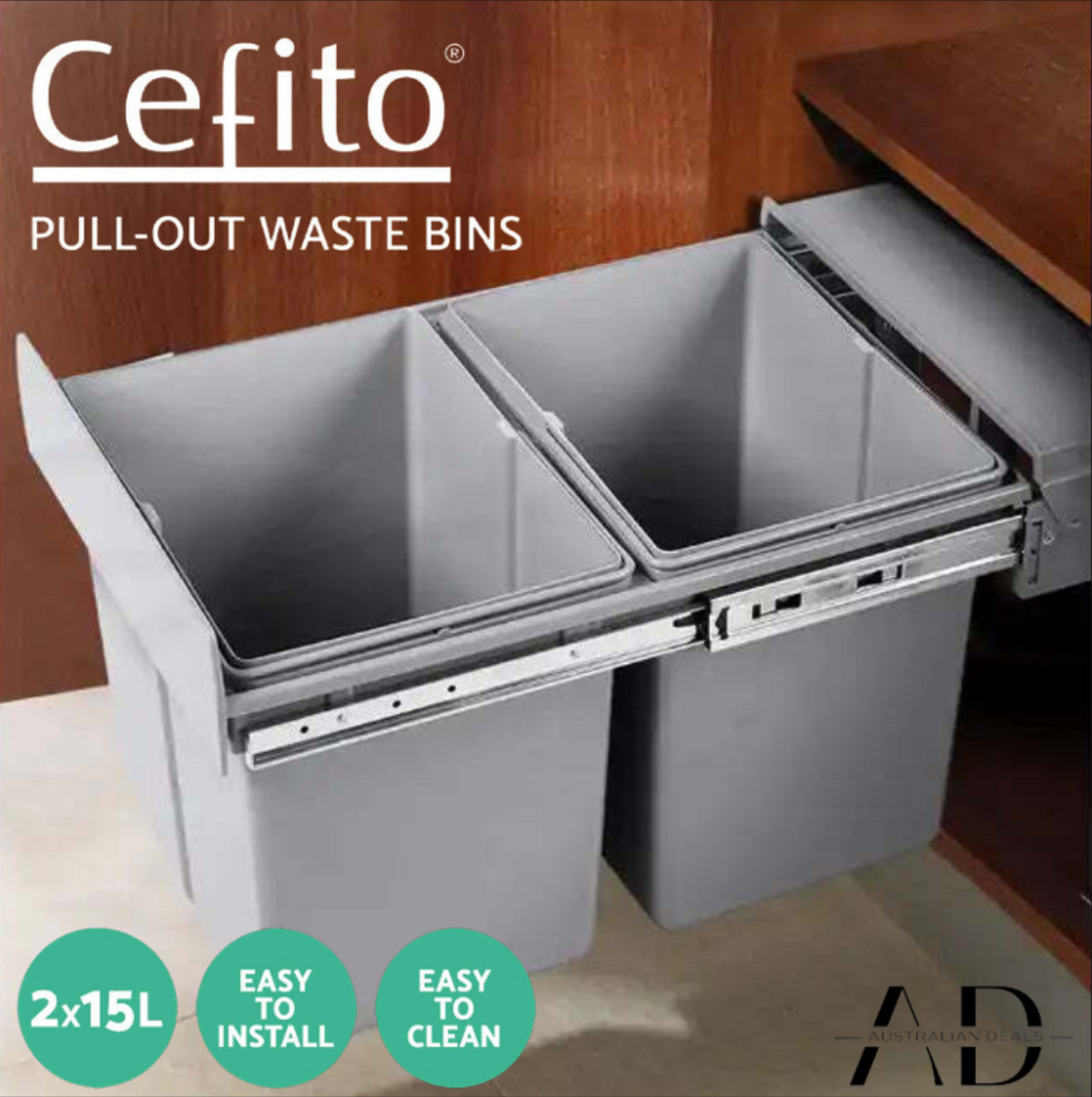 Cefito Pull Out Bin Kitchen Double Basket 2X15L Grey