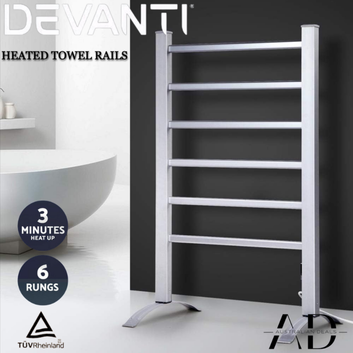 Devanti Electric Heated Towel Rail Rack 6 Bars Freestanding Clothes Dry Warmer