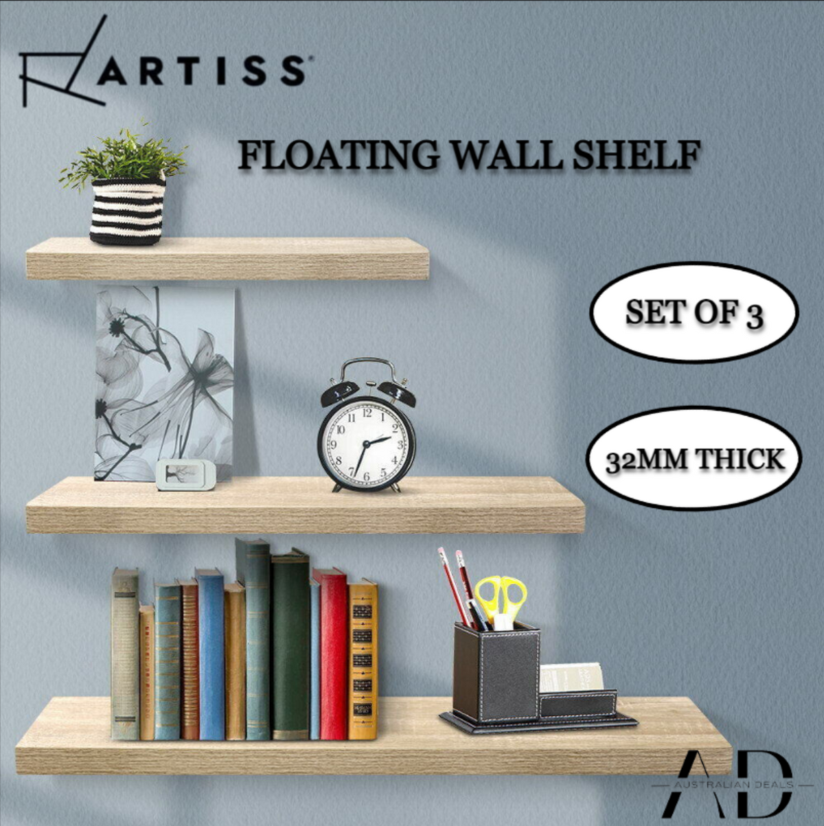 Artiss Floating Wall Shelf Set DIY Mount Shelves 3pcs Book Display Rack Oak