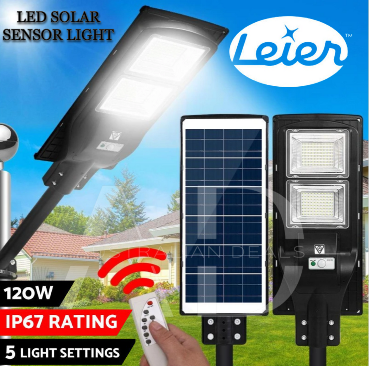 Leier LED Solar Street Flood Light Lights Sensor Outdoor Garden 120W Motion