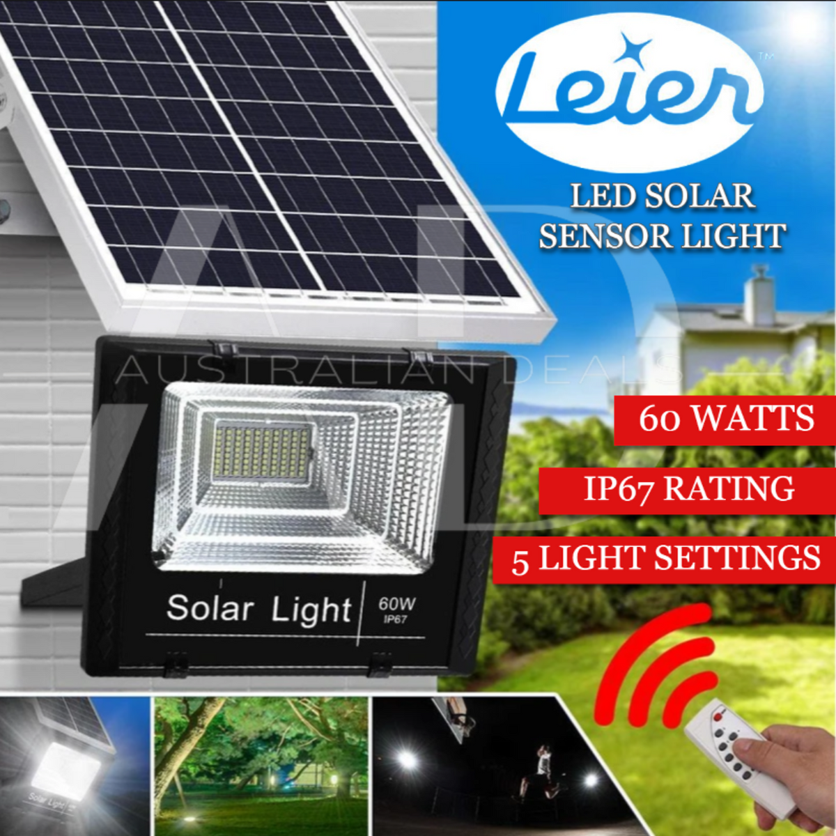 Leier 80 LED Solar Street Light 60W Flood Motion Sensor Remote Outdoor Wall Lamp