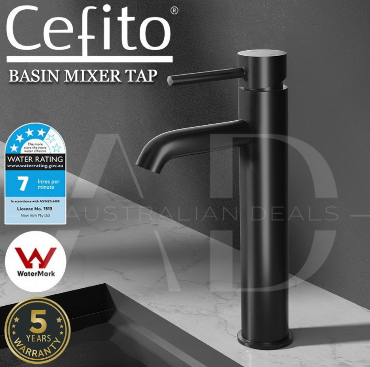 Cefito Bathroom Basin Mixer Tap Round Tall Faucet Vanity Laundry Black