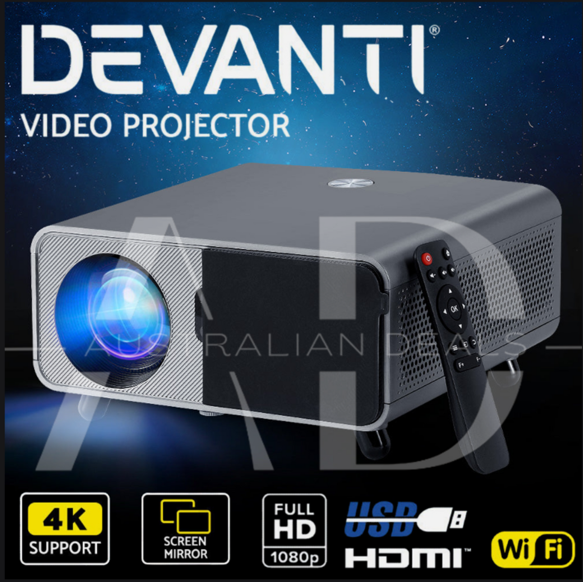 Devanti Portable Wifi Video Projector 4K 2.4G/5G Home Theater HDMI 1080P