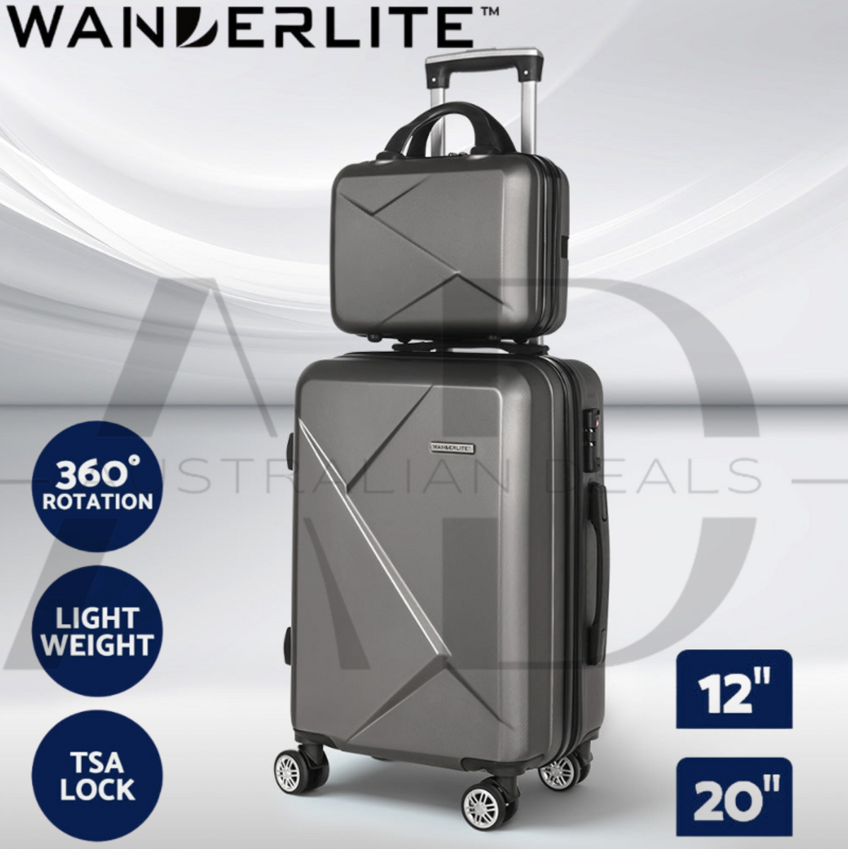 Wanderlite 2pc Luggage 12" 20" Trolley Travel Suitcase Storage Carry On TSA Lock Dark Grey