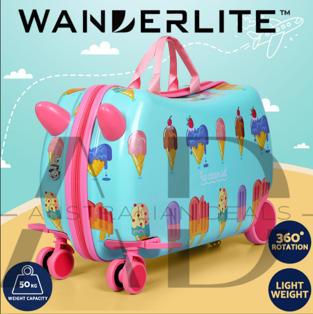 Wanderlite 17" Kids Ride On Luggage Children Suitcase Trolley Travel Ice Cream