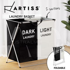 Artiss Laundry Basket Hamper Large Foldable Washing Clothes Storage 2 Sections