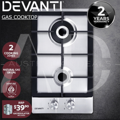 Devanti Gas Cooktop 30cm 2 Burner Silver