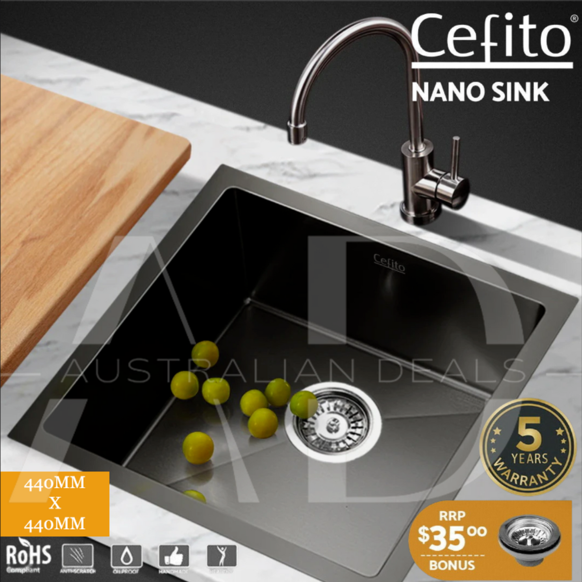 Cefito Kitchen Sink 44X44CM Stainless Steel Basin Single Bowl Laundry Black