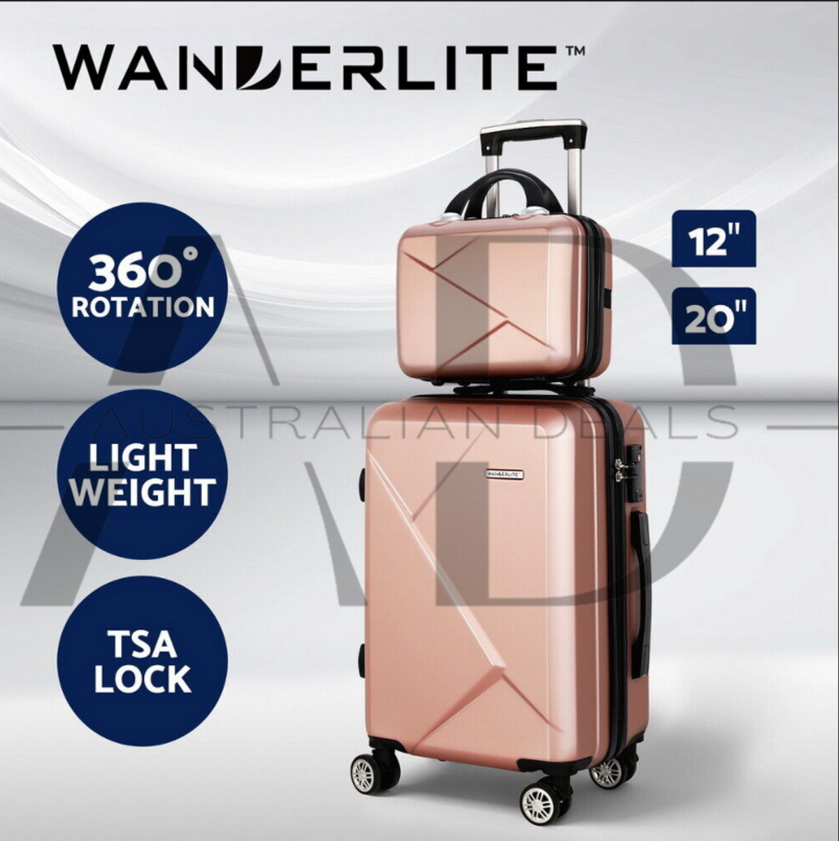 Wanderlite 2pc Luggage 12" 20" Trolley Travel Suitcase Storage Carry On TSA Lock Rose Gold