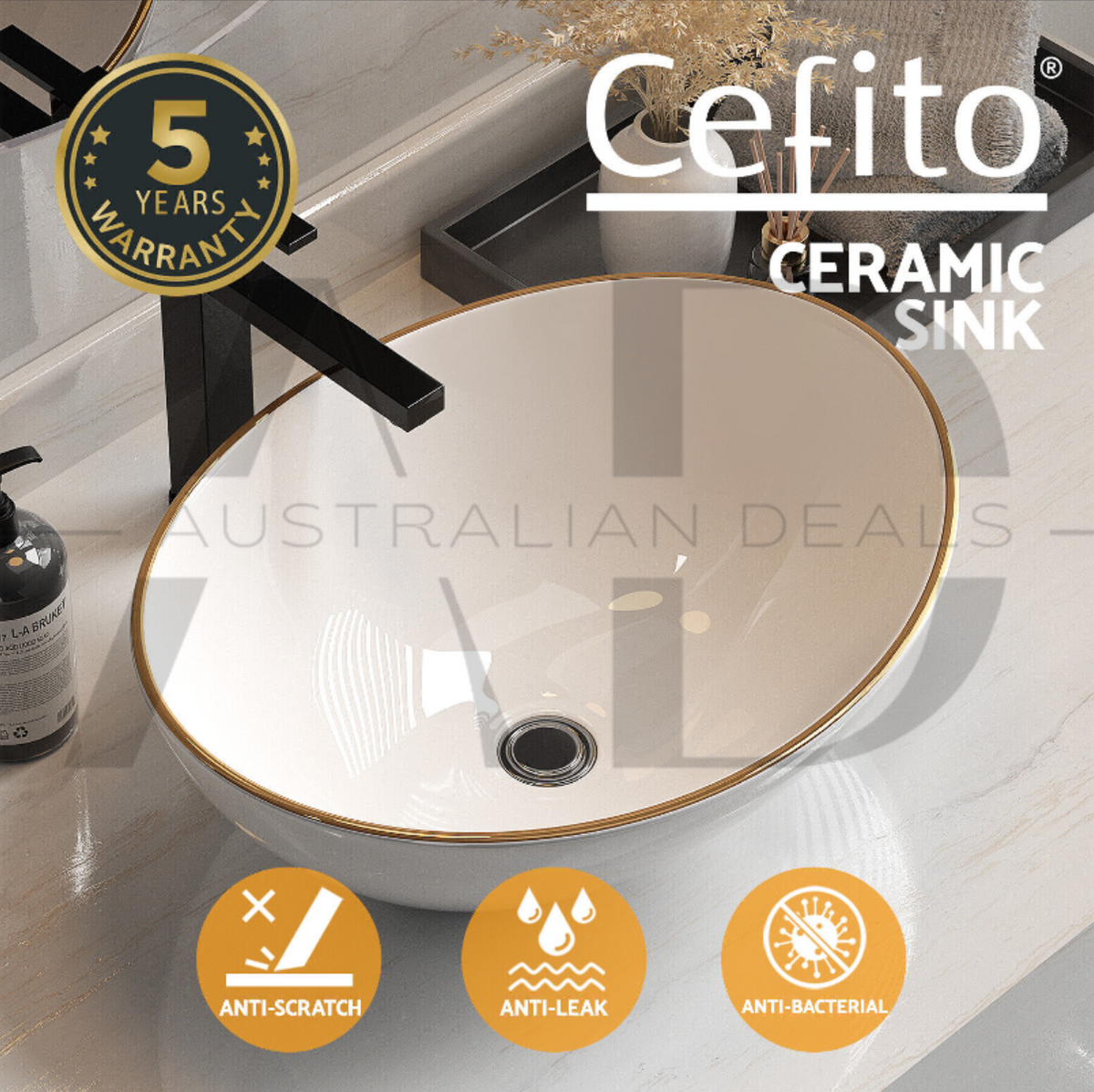 Cefito Bathroom Basin Ceramic Vanity Sink Hand Wash Bowl Gold Line 41x34cm