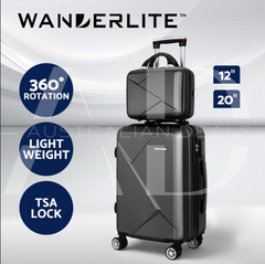 Wanderlite 2pc Luggage 12" 20" Trolley Travel Suitcase Storage Carry On TSA Lock Black