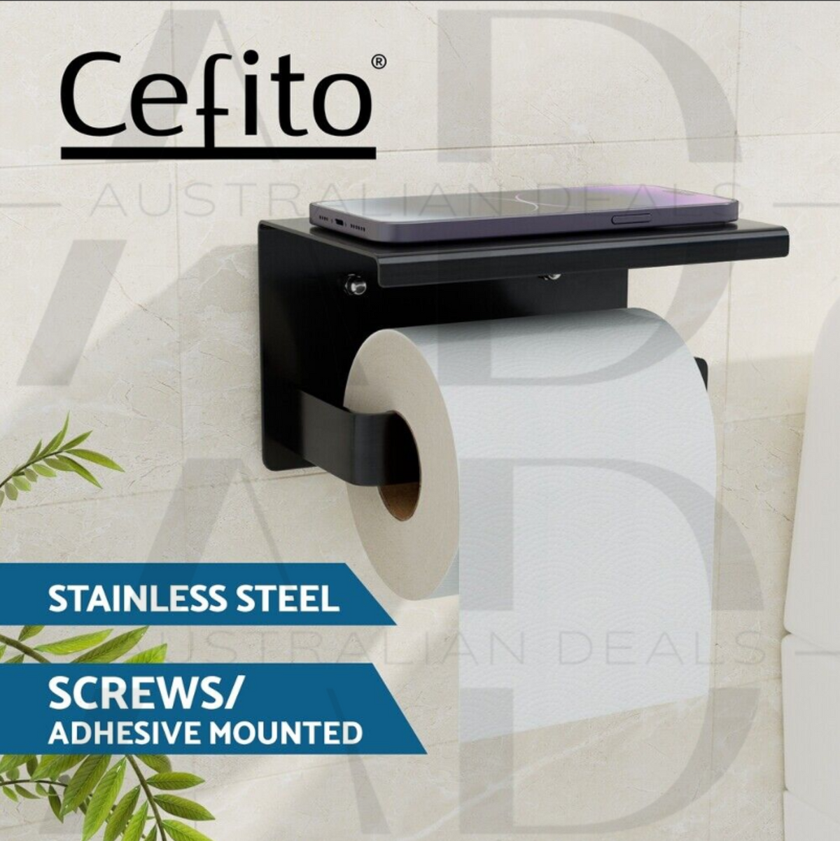 Cefito Toilet Paper Roll Holder w/ Storage Shelf