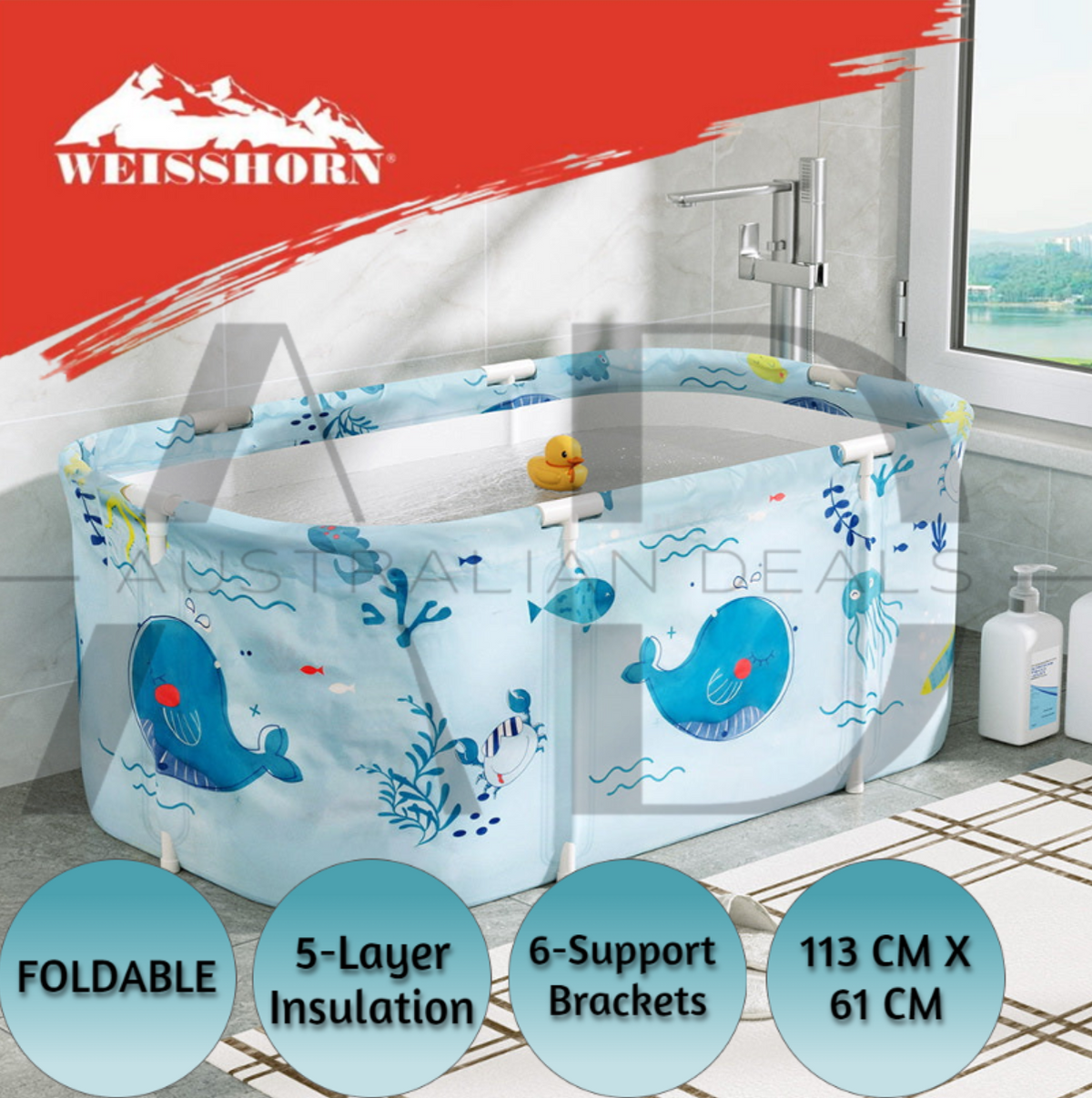 Weisshorn Foldable Bathtub PVC Spa Bucket Inflatable Cushion 113x61cm Blue