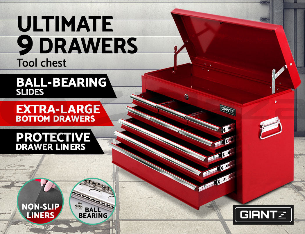 Giantz 9 Drawer Tool Box Cabinet Chest Toolbox Storage Garage Organiser Red