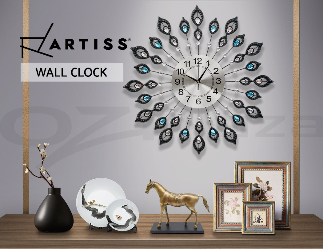 Artiss 60cm Wall Clock Large 3D Peacock Crystal Silver