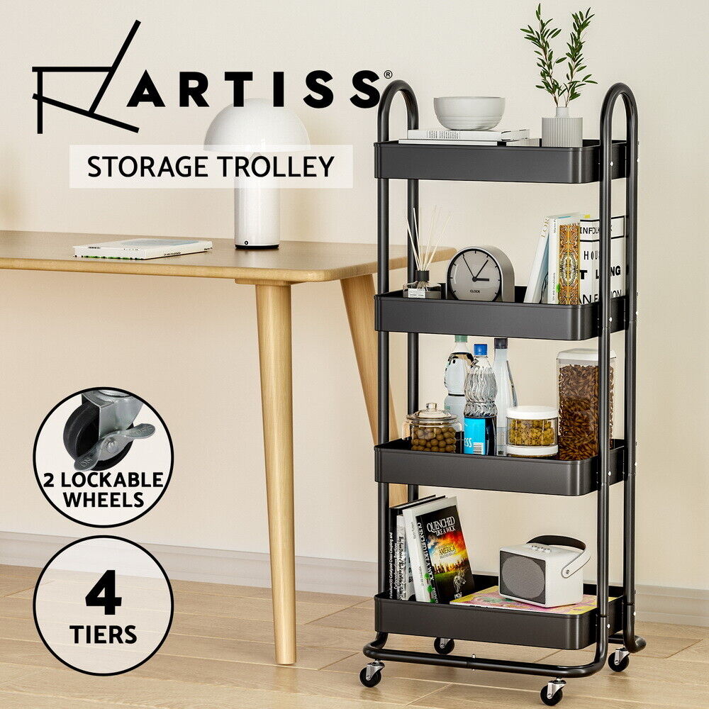 Artiss Storage Trolley Kitchen Cart 4 Tiers Black