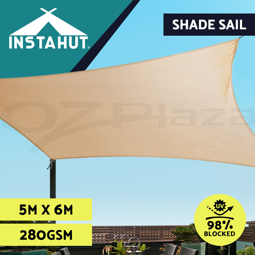 Instahut Shade Sail 5x6m Rectangle 280GSM 98% Sand Shade Cloth