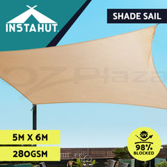 Instahut Shade Sail 5x6m Rectangle 280GSM 98% Sand Shade Cloth