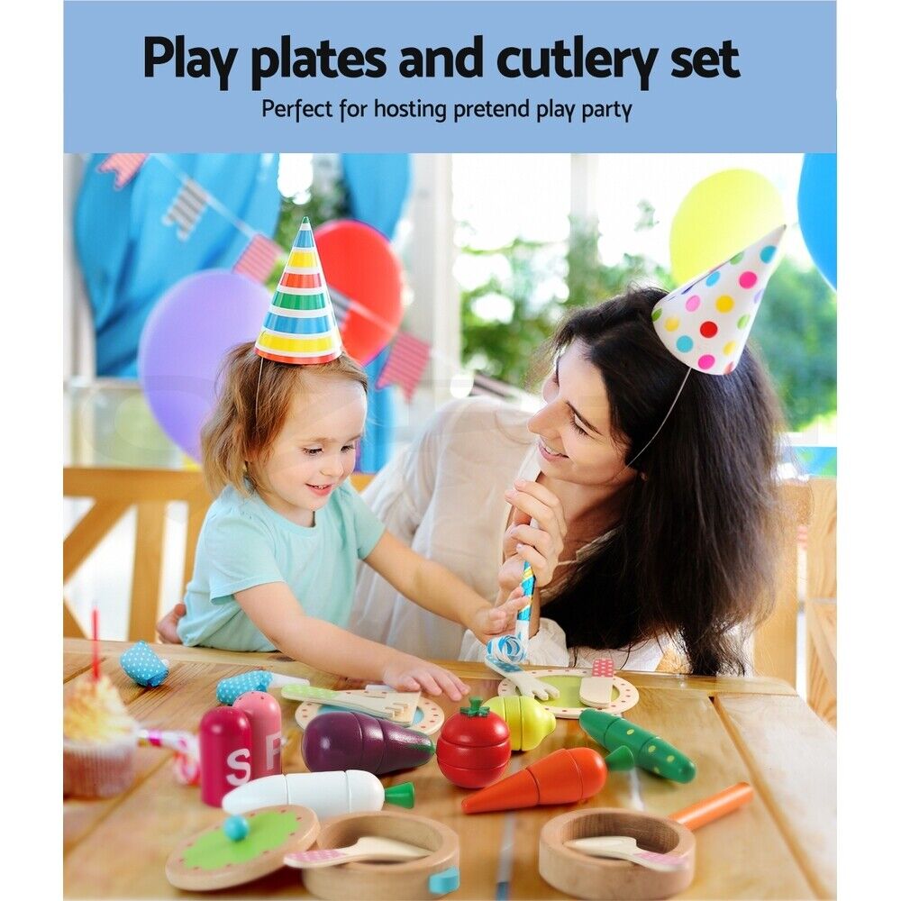 Keezi Kids Kitchen Play Set Wooden Pretend Toys Cooking Utensils Pots Pans Food