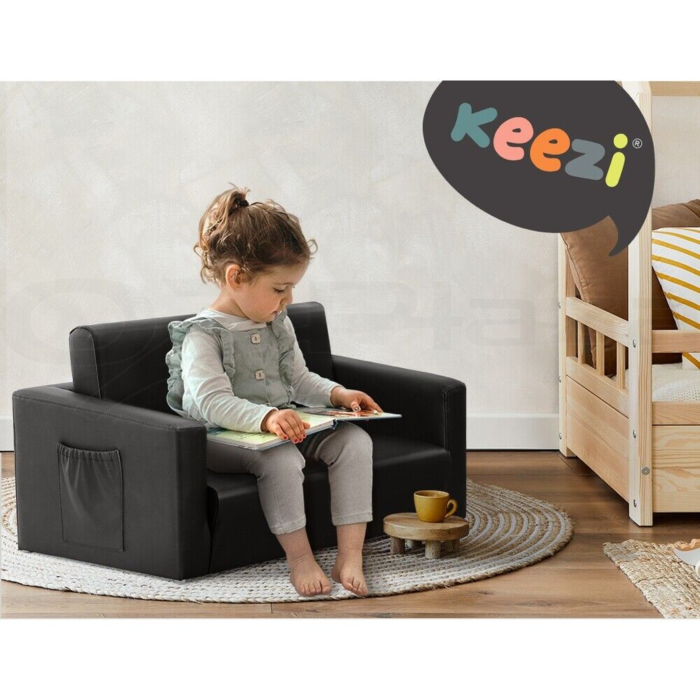 Keezi Kids Sofa 2 Seater Children Flip Open Couch PU Leather Armchair Black