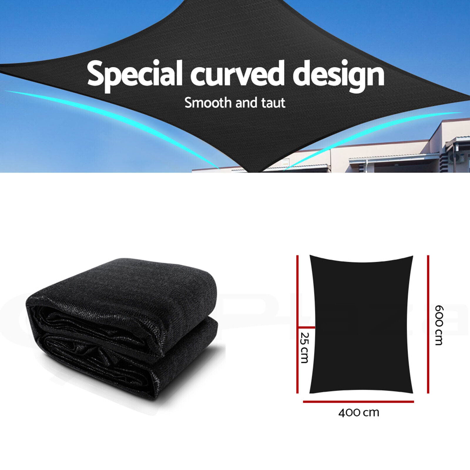 Instahut Shade Sail 4x6m Rectangle 280GSM 98% Black Shade Cloth