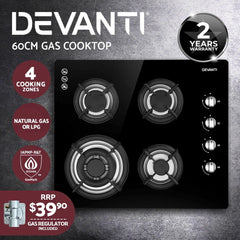 Devanti Gas Cooktop 60cm Stove Hob Black